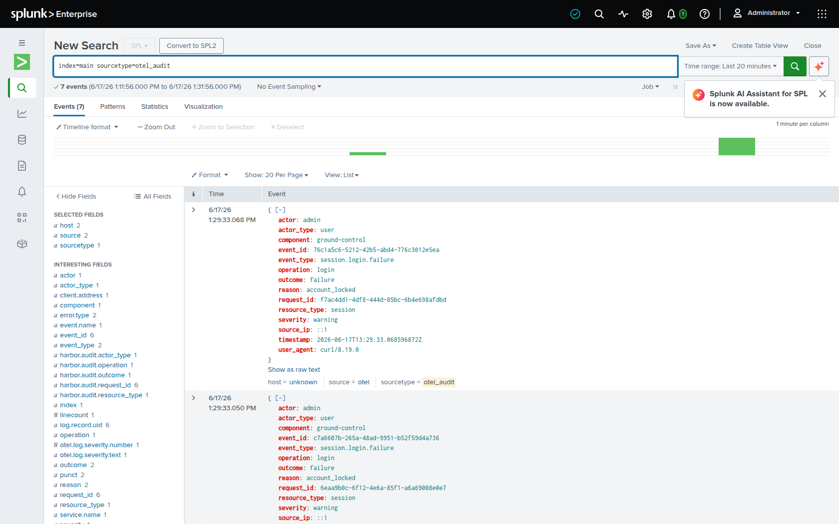 Splunk search over the same Harbor audit events delivered via OpenTelemetry: actor, event_type, outcome, reason, and severity all appear as extracted fields with no custom decoder